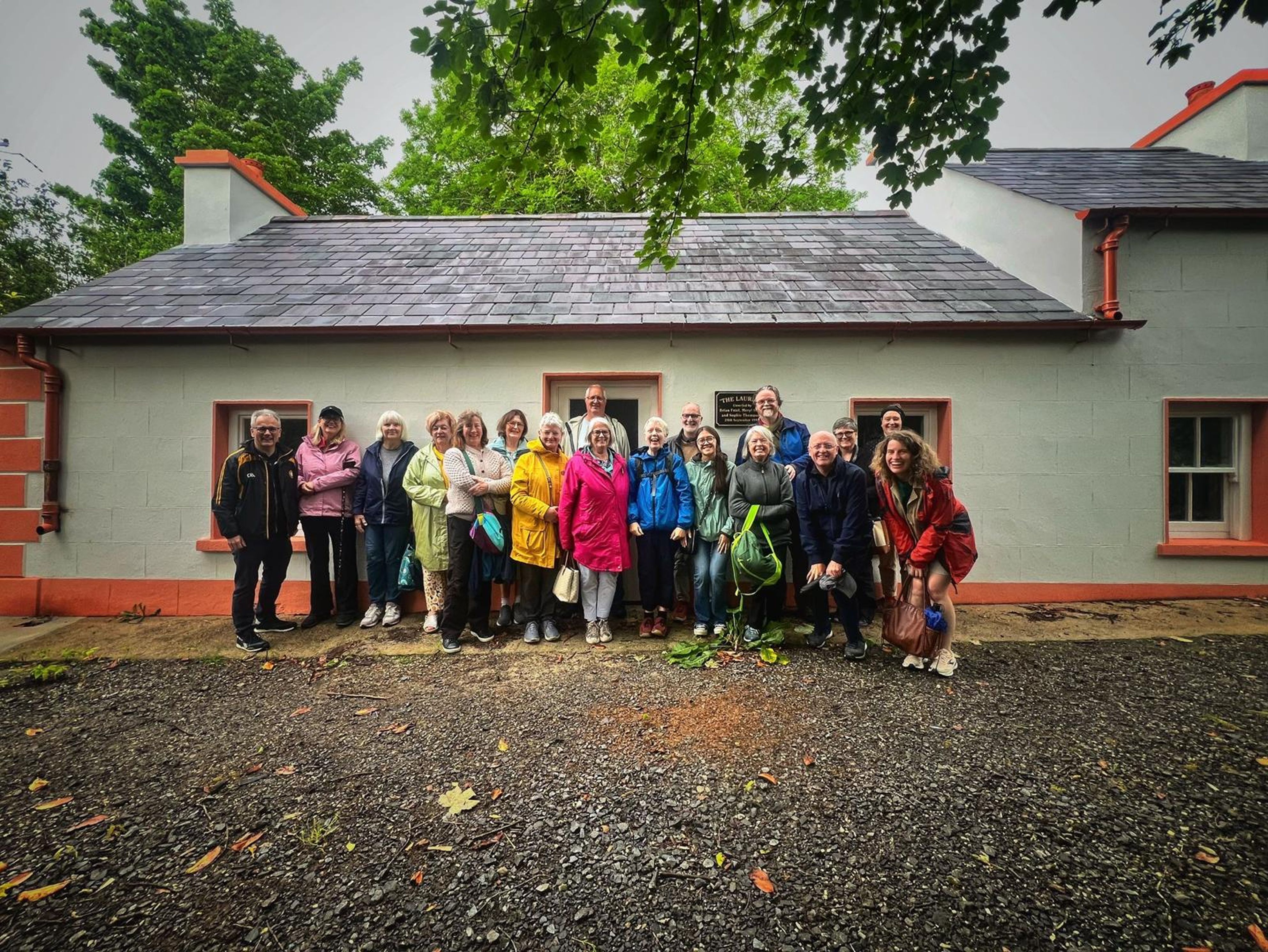 Oideas Gael course participants outside The Laurels, the house where Brian Friel was raised