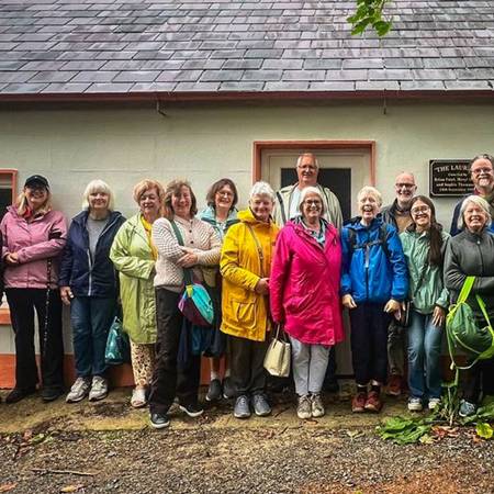 Oideas Gael course participants outside The Laurels, the house where Brian Friel was raised